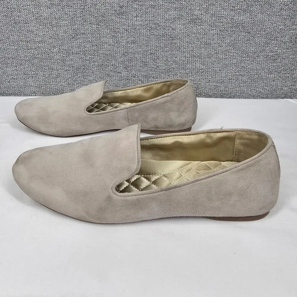 BIRDIES WOMEN'S BEIGE SUEDE LEATHER SLIP-ON FLATS – SIZE 7 – QUILTED INSOLE